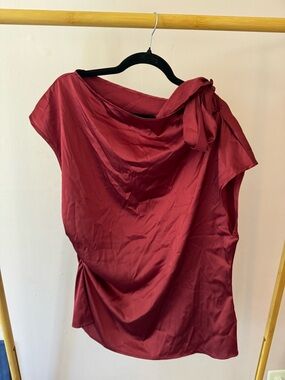 SHEIN Satin Draped Bow Shoulder Blouse - Wine Red, size XL